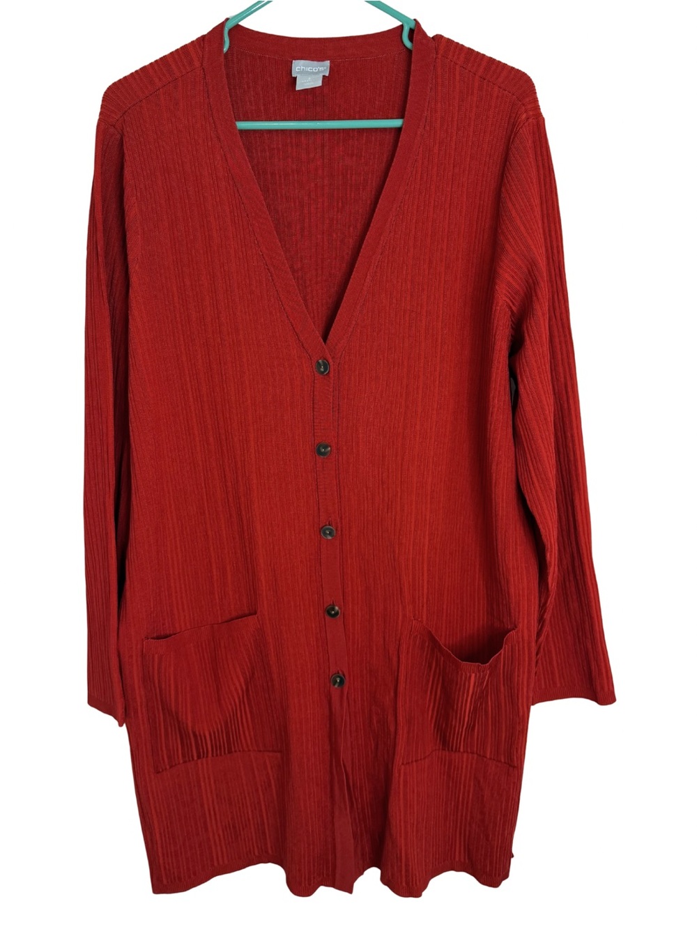 Chico's Red Ribbed Long Sleeve Button Down Long Cardigan Size XL